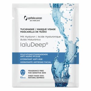Verpackung einer Tuchmaske mit Hyaluron für Feuchtigkeitspflege und Anti-Aging, geeignet für empfindliche Haut.