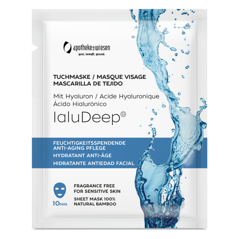 Verpackung einer Tuchmaske mit Hyaluron für Feuchtigkeitspflege und Anti-Aging, geeignet für empfindliche Haut.