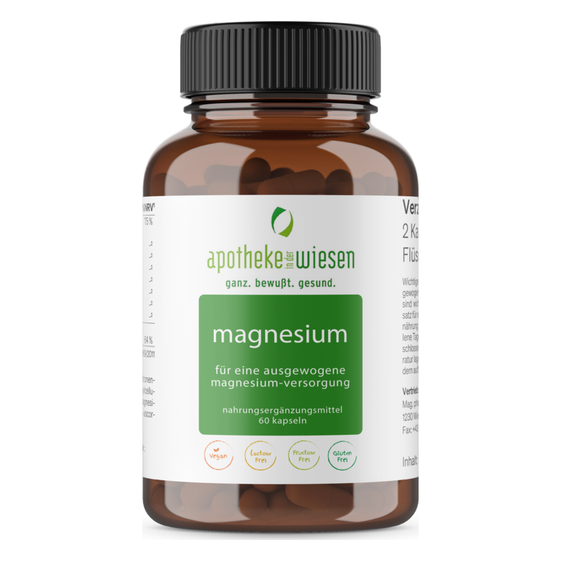 Ein brauner Glasbehälter mit Schraubverschluss, gefüllt mit Magnesiumkapseln, beschriftet mit Inhaltsangaben und veganem Label.