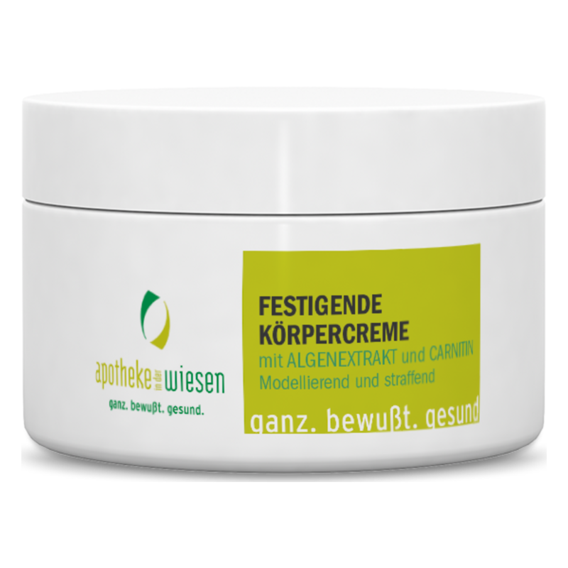Weiße Cremedose mit grünem Etikett, beschriftet "Festigende Körpercreme mit Algenextrakt und Carnitin".
