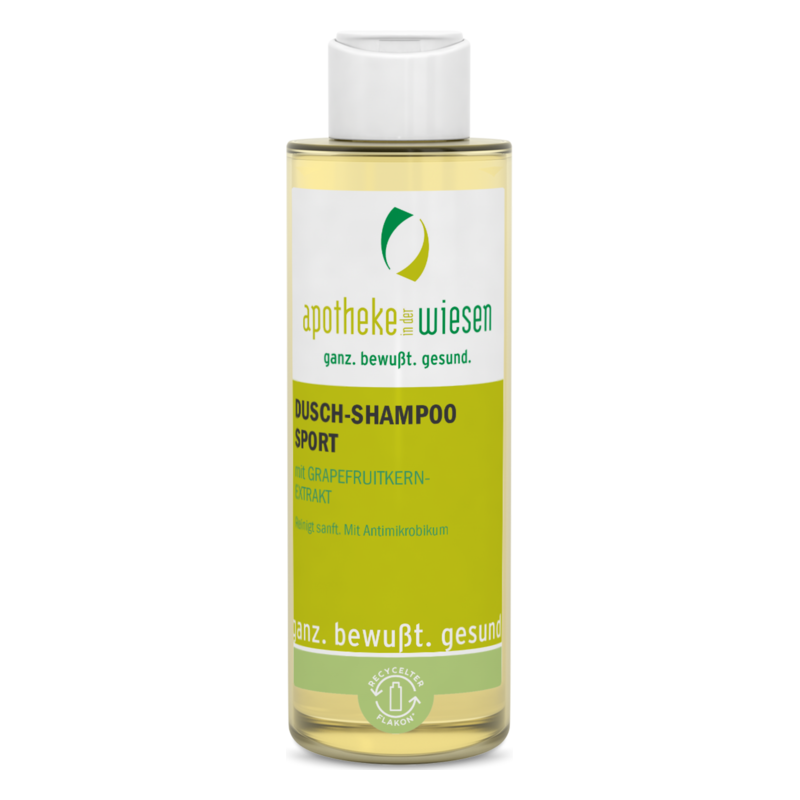 Flasche mit Dusch-Shampoo Sport, enthalten Grapefruitkernextrakt und ist in einem recycelbaren Flakon.