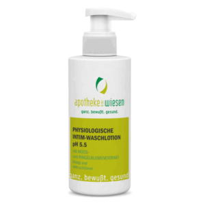 Weißer Pumpspender mit physiologischer Intim-Waschlotion, enthält Moos- und Ringelblumenextrakt, pH 5.5.