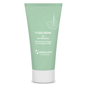 Grüne Tube mit Fußcreme, 5% Sheabutter, zur Pflege trockener Füße, von der Marke Apotheke Wiesen.