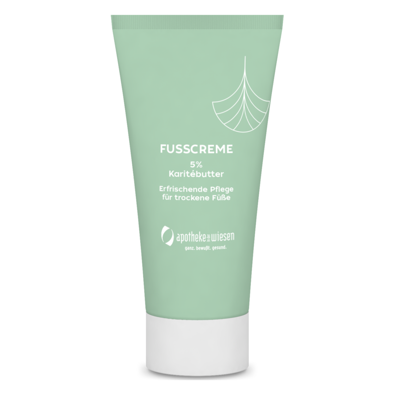 Grüne Tube mit Fußcreme, 5% Sheabutter, zur Pflege trockener Füße, von der Marke Apotheke Wiesen.