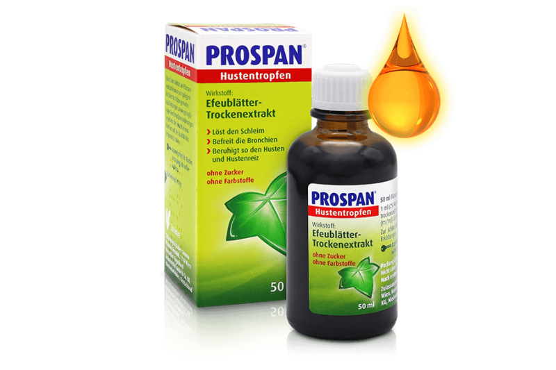 prospan-hustentropfen_ele_t01.png Prospan Hustentropfen in einer 50 ml Braunglasflasche mit grüner Verpackung und einem Tropfen, der aus der Flasche fällt.
