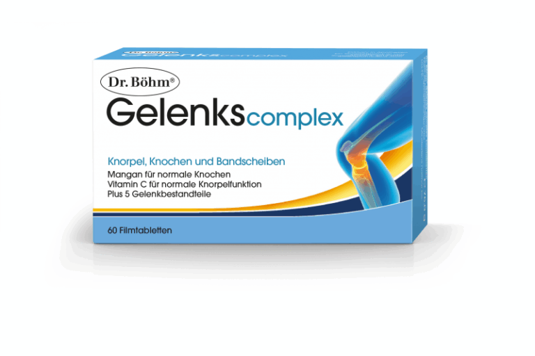 Verpackung von Dr. Böhm Gelenkscomplex für Knorpel, Knochen und Bandscheiben mit 60 Filmtabletten.