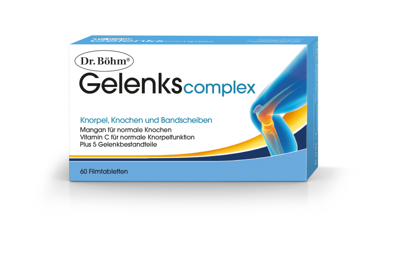 DrBoehm-Gelenks-complex-Filmtabletten.png Verpackung von Dr. Böhm Gelenkscomplex für Knorpel, Knochen und Bandscheiben mit 60 Filmtabletten.