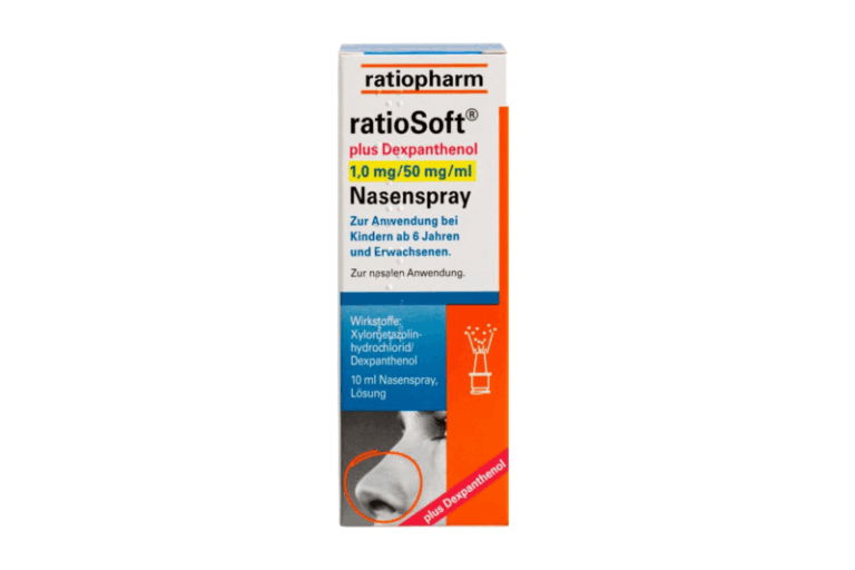 Verpackung eines Nasensprays von ratiopharm, enthält Dexpanthenol für Erwachsene und Kinder ab 6 Jahren zur nasalen Anwendung.