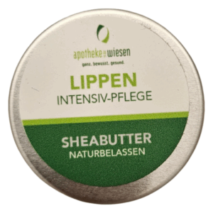 Runde Dose mit Lippenpflege aus Sheabutter, grüne und silberne Verpackung mit Hinweis auf intensive Pflege.