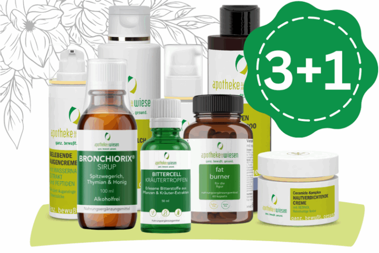 Diverse Gesundheitsprodukte wie Sirup und Tropfen, umgeben von einer pflanzlichen Illustration und einem "3+1" Angebotssymbol.