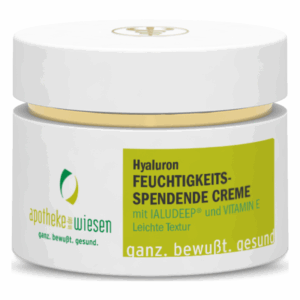 Weißer Tiegel mit Hybriddeckel, enthält Hyaluron Feuchtigkeitscreme, beschriftet mit Inhaltsstoffen und Anwendungshinweisen.