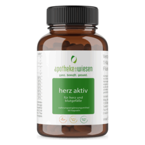 Braune Glasflasche mit schwarzen Deckel, gefüllt mit Kapseln, beschriftet mit "herz aktiv" für Herz und Blutgefäße.