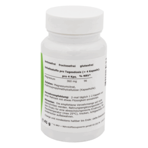 Weiße Kunststoffflasche mit Deckel, beschriftet mit Inhaltsstoffen und Einnahmeempfehlung für Magnesium-Kapseln.