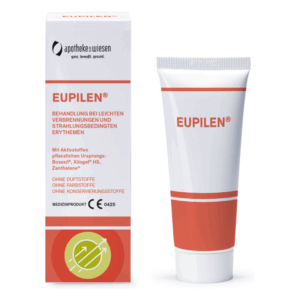 Tube mit EUPILEN® zur Behandlung von leichten Verbrennungen, umgeben von einer Verpackung mit relevanten Informationen.