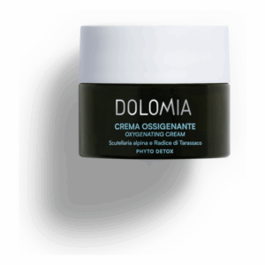 Schwarzer Cremetopf mit weißem Deckel, beschriftet mit "DOLIMIA Crema Ossigenante" und Inhaltsstoffen.