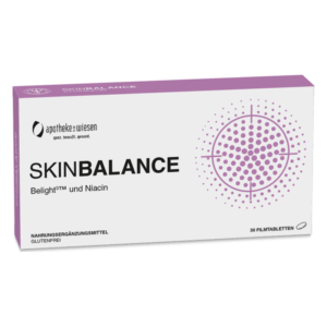 Verpackung von SKINBALANCE, einem Nahrungsergänzungsmittel mit Belight™ und Niacin, in einer robusten Box.