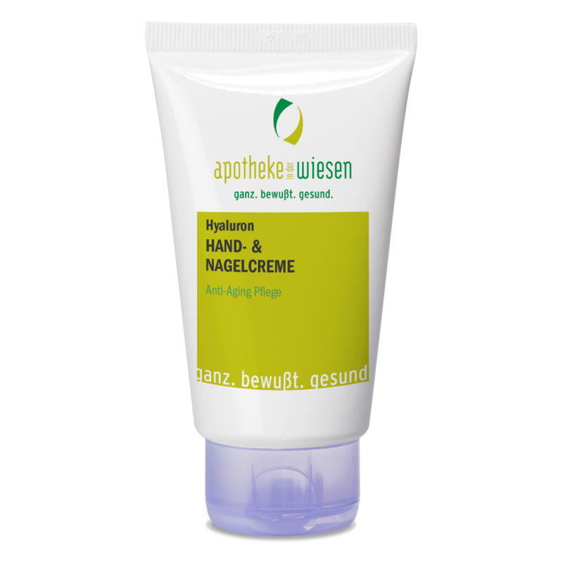 Tube mit Hyaluron Hand- und Nagelcreme, weiß mit gelbem Etikett, Anti-Aging Pflege.