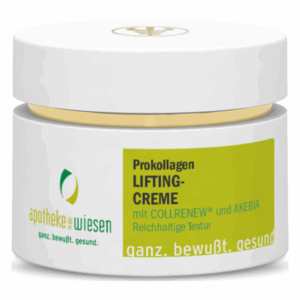 Weißes Cremetöpfchen mit goldener Kappe, Label beschreibt Prokollagen Lifting-Creme mit AKEBIA.
