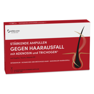 Verpackung mit stärkenden Ampullen gegen Haarausfall, enthält Adenosin und Trichogen, rote und weiße Gestaltung.