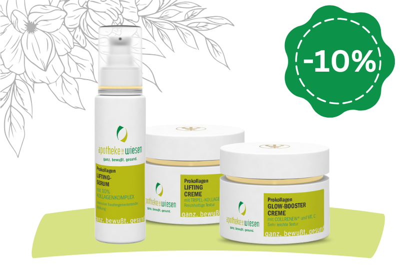 Drei Hautpflegeprodukte in einer Gruppe: ein Serum in einem Pumpspender und zwei Cremes in Tiegeln, mit Rabattzeichen -10% im Hintergrund.