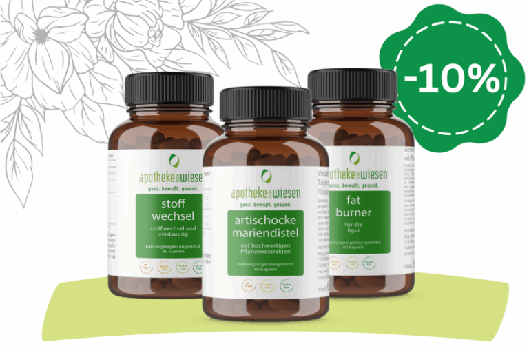 Drei braune Flaschen mit Nahrungsergänzungsmitteln: Stoffwechsel, Artischocke und Fat Burner, mit 10% Rabatt-Badge.