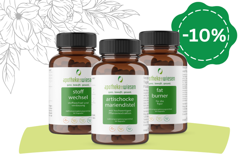 Drei braune Flaschen mit Nahrungsergänzungsmitteln: Stoffwechsel, Artischocke und Fat Burner, mit 10% Rabatt-Badge.