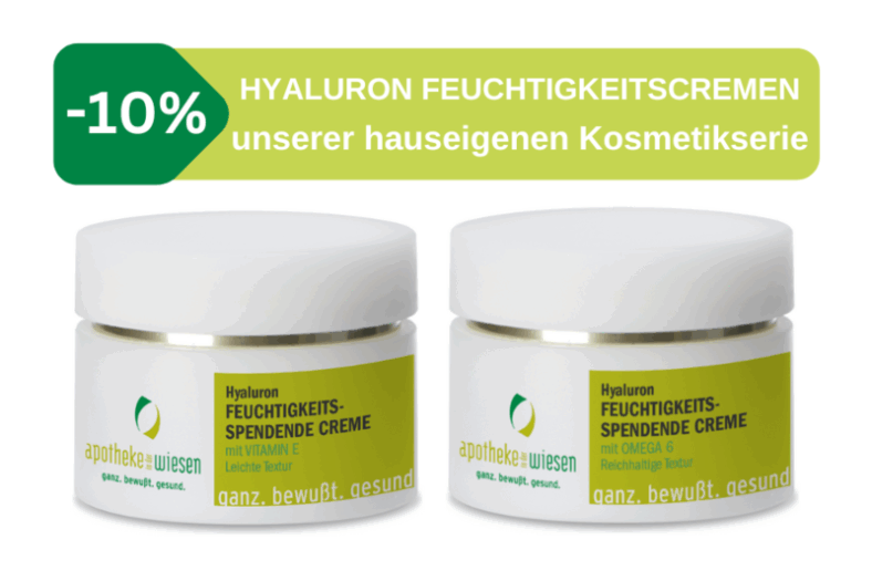 Zwei Tiegel mit Hyaluron Feuchtigkeitscreme, einer mit Vitamin E und der andere mit Omega 6, beide in elegantem Design.