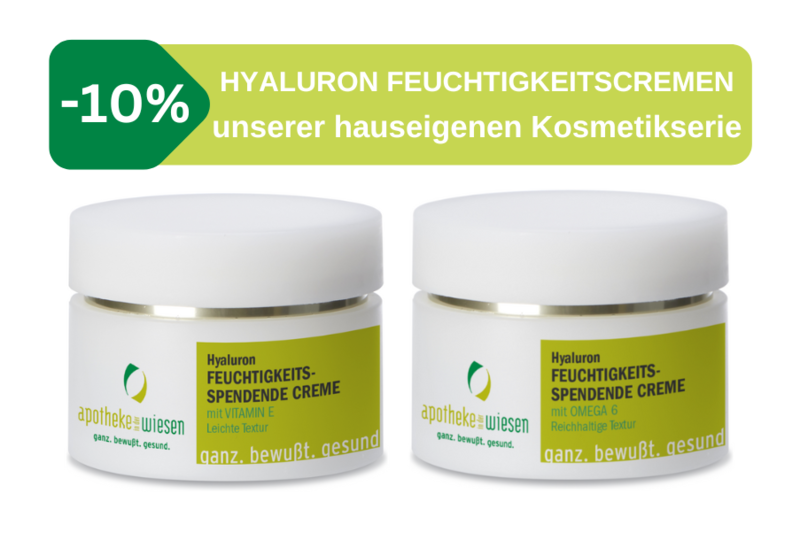Zwei Tiegel mit Hyaluron Feuchtigkeitscreme, einer mit Vitamin E und der andere mit Omega 6, beide in elegantem Design.