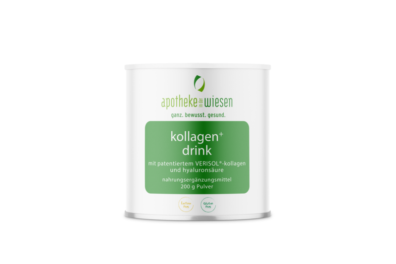Dose mit Kollagenpulver von Apotheke in der Wiesen, enthält VERISOL-Kollagen und Hyaluronsäure.