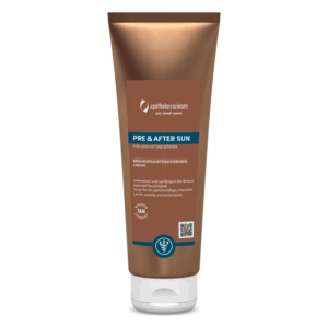 Braun-verpackte Creme für Gesicht und Körper mit Schriftzug "PRE & AFTER SUN" und Informationen zur Anwendung.