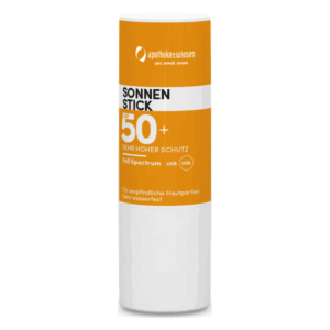 Sonnenschutzstick mit LSF 50+, orangefarbener Deckel, wasserfest und für empfindliche Hautpartien geeignet.