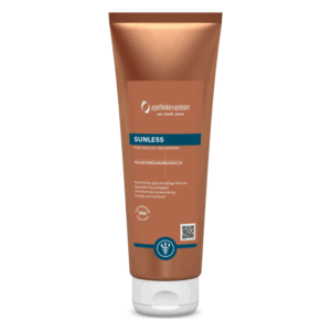 Tube mit Selbstbräunungsmilch in bronzefarbener Verpackung für Gesicht und Körper, mit Anwendungshinweisen und Inhaltsstoffen.