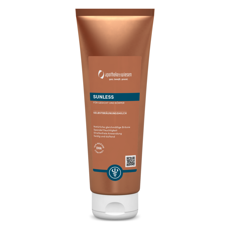 Tube mit Selbstbräunungsmilch in bronzefarbener Verpackung für Gesicht und Körper, mit Anwendungshinweisen und Inhaltsstoffen.