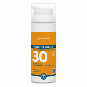 Flasche Gesichtscreme mit LSF 30, wasserfest und hyaluronhaltig, orange-blaues Design, praktischer Pumpspender.