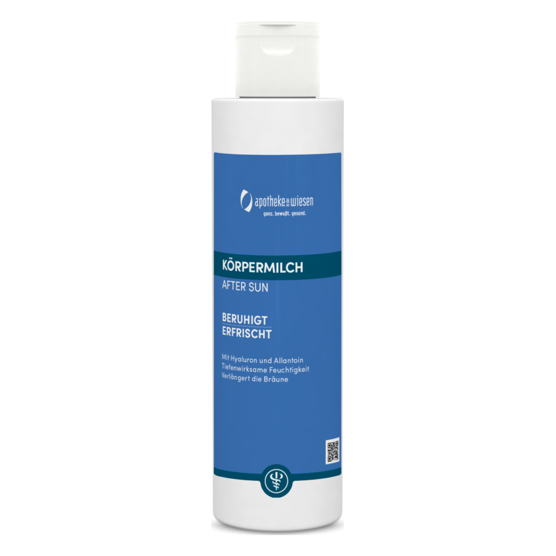 Flasche Körpermilch nach dem Sonne mit blauem Etikett, beruhigt und erfrischt die Haut.