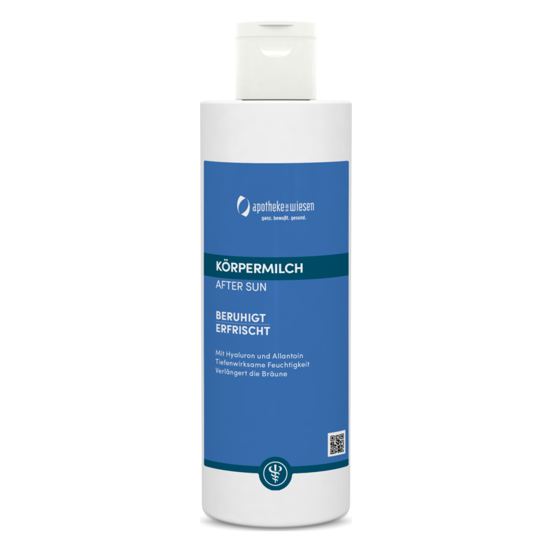 Flasche Körpermilch After Sun mit beruhigender und erfrischender Formel, enthält Hyaluron und Allantoin.