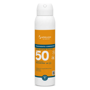 Transparenter Sonnenspray mit Lichtschutzfaktor 50, in einer weißen Sprühflasche mit orangenen und blauen Akzenten.