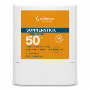 Transparenter Sonnenstick mit LSF 50+, sehr hoher Schutz, wasserfest und schweißfest, in weißer Verpackung.