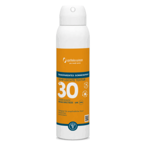 Sprühflasche mit transparentem Sonnenspray, Lichtschutzfaktor 30, geeignet für empfindliche Haut.