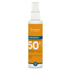 Sonnenspray mit sehr leichter Textur, Lichtschutzfaktor 50+, in einer weißen Sprühflasche mit orangefarbenem Etikett.