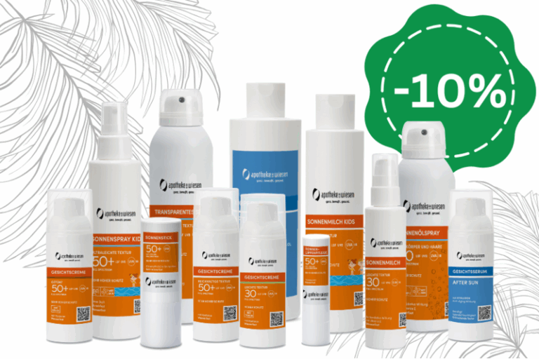 Verschiedene Sonnenschutzprodukte in weißen und blauen Verpackungen mit ansprechendem Design, Rabatt von 10 % hervorgehoben.